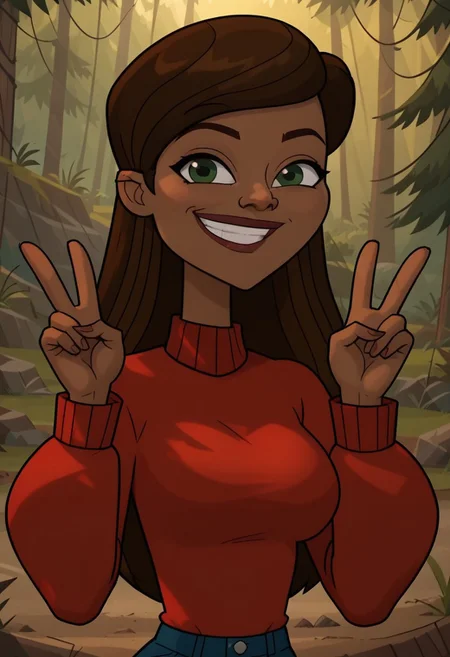 ((forest background)),score_9, score_8_up, score_7_up,score_6_up,
1girl, solo, Gabby_DC, brown skin, olive green eyes, dark brown hair, long hair, voluminous straight hair, red turtleneck sweater with long sleeves, dark blue skinny jeans, black sneakers shoes, big eyes, tall stature, social smile, perfect eyes, perfect smile, looking at the viewer, detailed eyes, perfect eyes, standing, big breasts (front pose, bust shot, close up to face, face portrait:1) five fingers, perfect hands, hands sign peace