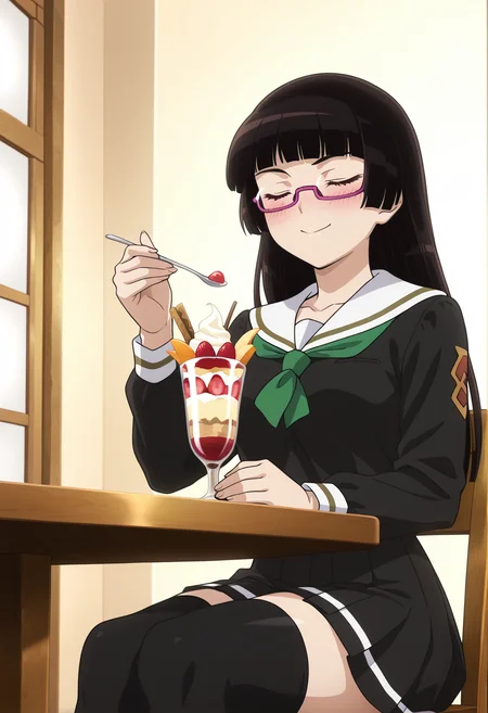 masterpiece, best quality, very aesthetic, absurdres, 1girl, solo,
<lora:chiaki_kurihara_v01:1>, chiaki_kurihara, chiaki_school, black hair, long hair, hime cut, brown eyes, under-rim eyewear, purple-framed eyewear,
black serafuku, green neckerchief, long sleeves, black skirt, plated skirt, zettai ryouiki, black thighhighs, holding spoon, parfait, closed eyes, happy, blush, sitting, table