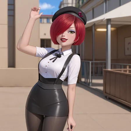 <lora:magicianladybug_pony_v1:.7> MagicianLadyBug, 1girl,  short hair,  hair over one eye, red hair, lipstick, makeup, cowboy shot, <lora:0902 Home wear 5_v1_pony:1> ruanyi0902,beret,black ribbon,collared shirt,black pantyhose,high-waist skirt,white shirt,suspenders