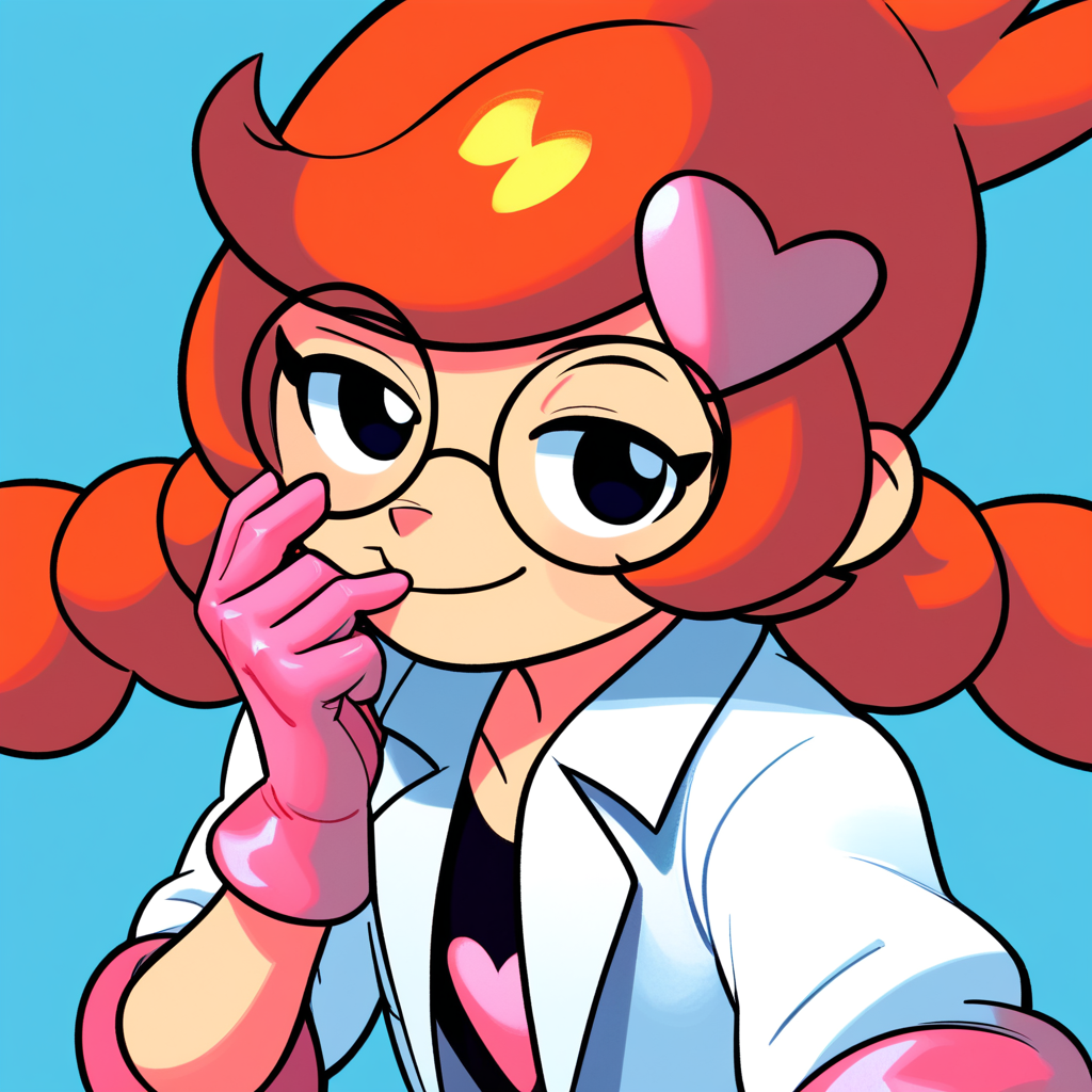score_9_up, score_8_up, score_7_up, score_6_up, best quality, masterpiece, source_cartoon, detailed background, blue background, BREAK 1girl, solo, penny_(\warioware\), large head, orange hair, black eyes, braids, glasses, pink hairpin, labcoat, black pants, short sleeves, pink gloves, smile, narrowed eyes, one hand on mouth, <lora:PDXL_Penny_WW:1>