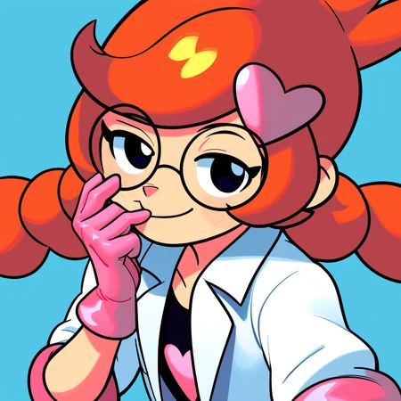 score_9_up, score_8_up, score_7_up, score_6_up, best quality, masterpiece, source_cartoon, detailed background, blue background, BREAK 1girl, solo, penny_(\warioware\), large head, orange hair, black eyes, braids, glasses, pink hairpin, labcoat, black pants, short sleeves, pink gloves, smile, narrowed eyes, one hand on mouth, <lora:PDXL_Penny_WW:1>
