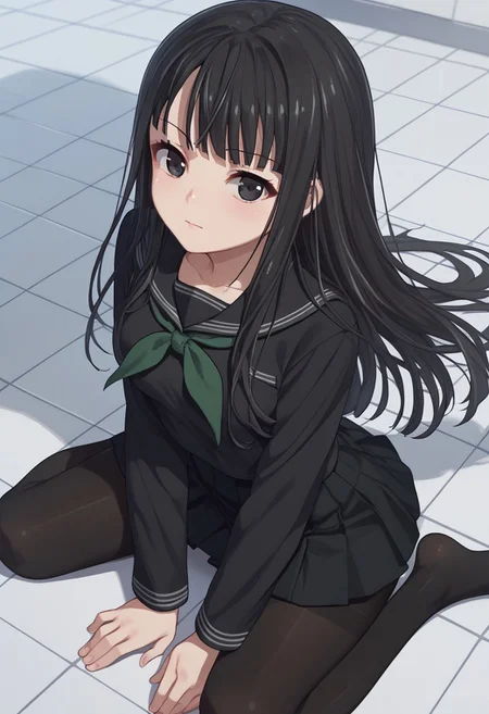 score_9, score_8_up, score_7_up, source_anime, 1girl, solo, byakuya rinne, black eyes, black serafuku, green neckerchief, black skirt, black pantyhose, tile floor