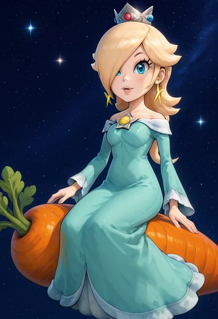 masterpiece, best quality, 1girl, solo, eyelashes, (beautiful eyes), C4rr0tR1d3r, smile, open mouth, night, feet out of frame, , star (sky), night sky, starry sky, large breasts, <lora:C4rr0tR1d3r_IXL_v1:1.0>, rosalina, blonde hair, blue eyes, hair over one eye, long hair, 3d, mature female, medium breasts, blue dress, crown, dress, earrings, jewelry, princess, robe, star earrings, <lora:rosalina-super-mario-galaxy-ingame-illustriousxl-lora-nochekaiser:1.0>,