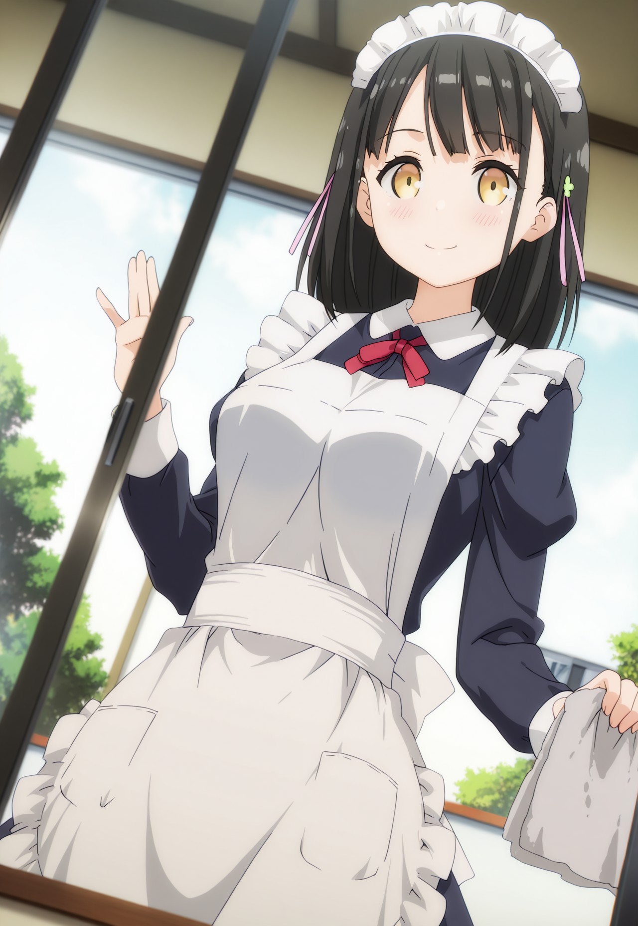 masterpiece, best quality, newest, absurdres, highres, anime,
hanasaka yui, yellow eyes, black hair, hair ornament,
large breasts,
1girl, solo, blush, smile,
maid, maid apron, maid headdress, puffy sleeves,
rag, cleaning windows, cleaning,
scenery, indoors,
dutch angle, looking at viewer, from below,