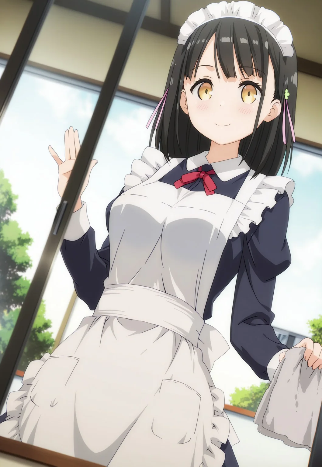 masterpiece, best quality, newest, absurdres, highres, anime,
hanasaka yui, yellow eyes, black hair, hair ornament,
large breasts,
1girl, solo, blush, smile,
maid, maid apron, maid headdress, puffy sleeves,
rag, cleaning windows, cleaning,
scenery, indoors,
dutch angle, looking at viewer, from below,