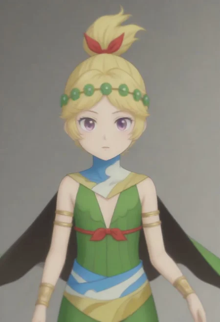 source_anime, anime screencap, source_anime, auratheguillotine, anime screencap, masterpiece, source_anime, shiny skin,,,,,, <lora:zs_DemeterXL:1> demetersmt, blonde hair, ponytail, head wreath, purple eyes, green dress, cleavage, cape, armlet, bracelet,