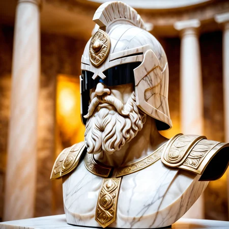 marble, bust of zeus cosplay as jdgdrdd carved from marble (helmet, art, long beard, armor, visor, scowl),  high quality, 4k resolution  blurry foreground, 8k resolution, bokeh, <lora:Char_maj-JudgeDredd2012v2-SDXL:0.75> greek architecture, indoor museum, on display