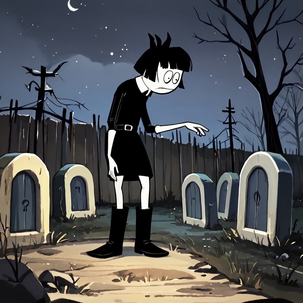 score_9, score_8_up, score_7_up BREAK CrepSus, 1girl, black hair, black bob cut, blunt bangs, black eyes, pale skin, white-collared sleeveless black shirt, black belt, white buckle, black mini-skirt, black boots, killing the viewer, night graveyard background, nightly cemetery outdoors,