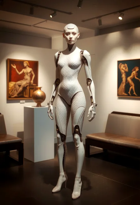 (lithe young egyptian cyborg woman), wearing nanofiber jumpsuit, cybernetic Nanoscale circuitry tessellations emerging in scales or panels from under skin like high-tech serpent markings augments, Ceramic composite cyborg appendages with smooth porcelain-like surface, minimalist design, pearlescent sheen mechanical_arms, legs, arms and mechanical_legs, set in Art Gallery, Elegant exhibition space with track lighting, white walls adorned with contemporary art, velvet benches for contemplation, pedestals showcasing sculptures, and a reception desk with a guest book , at night .  <lora:Sinfully_Stylish_1.0_Flux:0.8> sinfully stylish, dramatic light, soft light, long shadows <lora:fantasy_portrait_by_cosmic:0.8>,  <lora:style_of_Gerry_Anderson_FLUX_315:1>, style of Gerry Anderson,âââ