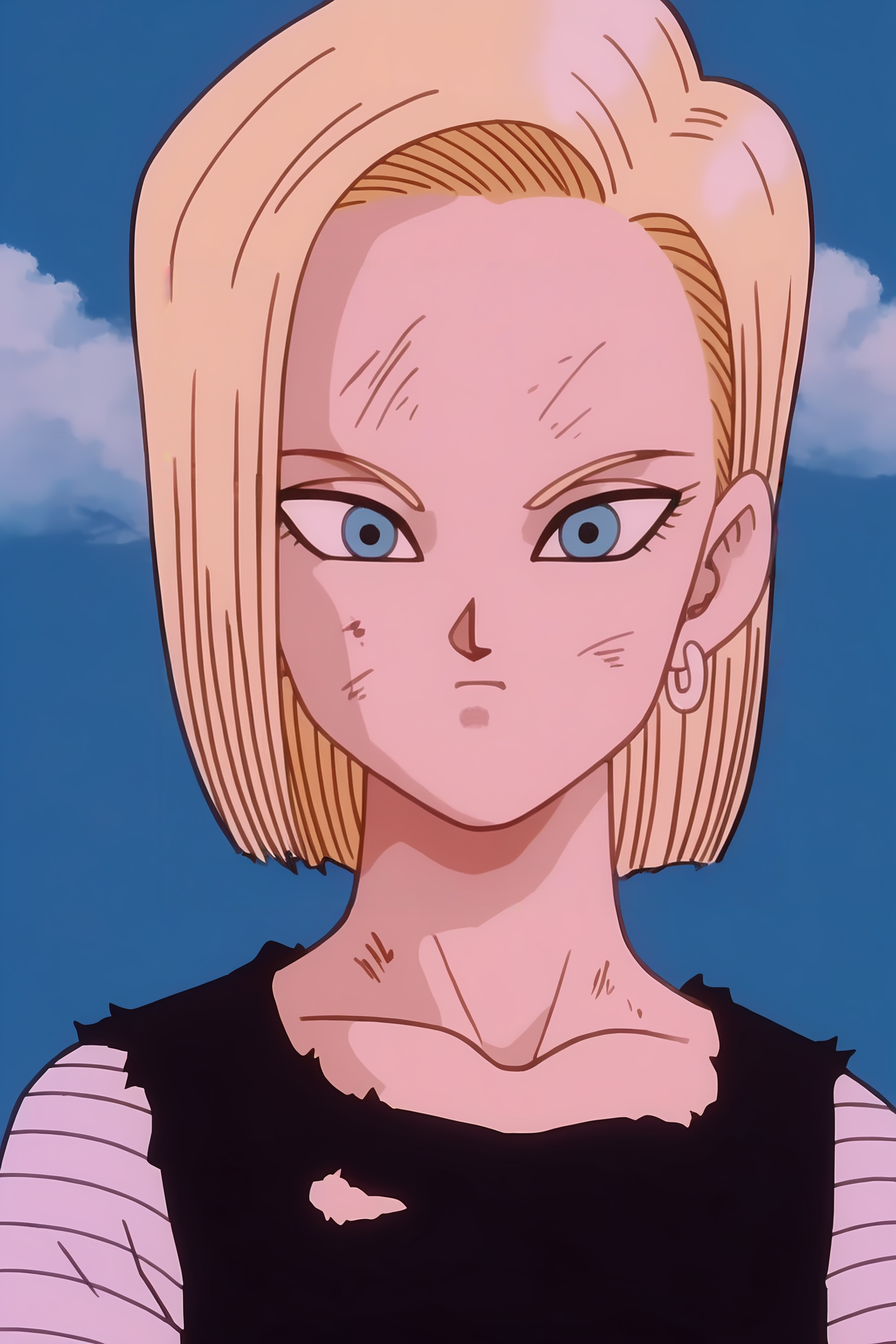source_anime, score_9, score_8_up, score_7_up, anime screencap, absurdres,
android 18, android saga, classic outfit, 1990s \(style\), anime coloring, 1girl, solo, looking at viewer, short hair, blue eyes, blonde hair, simple background, messy hair, upper body, earrings, sky, blue sky, torn clothes, black shirt, dirty, dirty face, arms at sides, collarbone, long sleeves, striped sleeves, v-shaped eyebrows, white sleeves
 <lora:c18_v1:0.8>