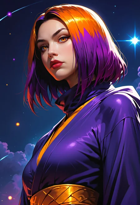 <lora:g0th1cPXL:0.5>g0th1c<lora:TradingCardsPonyXL:0.65>dsktrdcardxl,score_9, score_8_up, score_7_up, score_6_up, solo, source_comic, comic book art, fantasy art, Lenticular, dark and dim, Low Angle, (side view perspective), a woman, (ninja:1.1) woman, with orange ,ultraviolet hair, deep gold ,amber eyes, detailed eyes, with a high collar cyber (Samurai:1.1) jacket, Large linen cape ,super detailed, background is metal , surrounded by a detailed spacescape with translucent dark-amber Highlights, stunning lighting, detailed, highly vibrant, detailed, masterpiece, highly detailed, high quality, score_5_up, score_4_up,