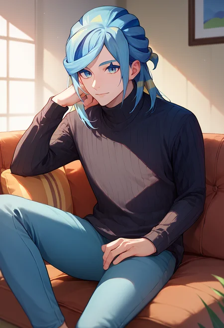 score_9, score_8_up, score_7_up, solo, male focus, 1boy, pokemongrusha, otoko no ko, light smile, looking at viewer, sitting, couch, eyelashes, black sweater, ribbed sweater, long sleeves, blue pants, indoors <lora:pokemon_grusha_ponyXL:1>