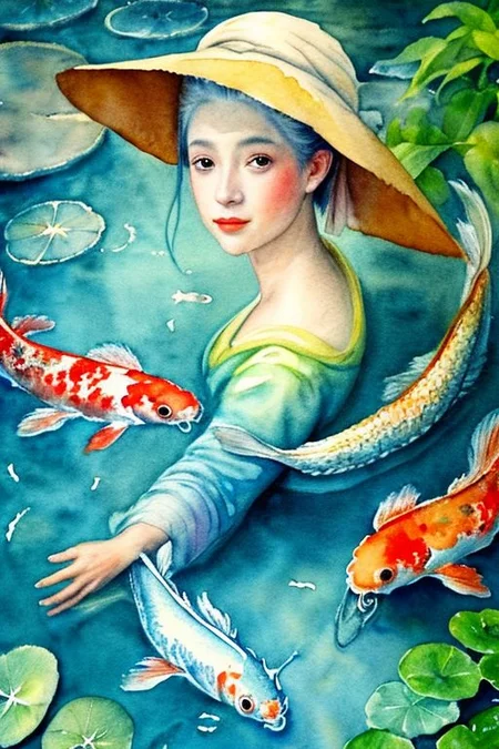 Watercolor painting masterpiece, beautiful woman with koi fishhat, pretty face, scales, water, rain