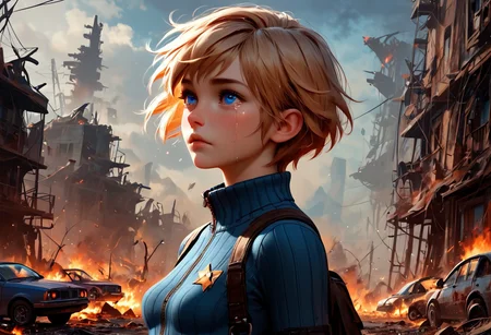 1girl, Masterpiece, 4k, ultra high detail, score_9, score_8_up, score_8, 18yo, petite, medium breast, short blonde hair, fcNeg, stunning blue eyes, freckles, white skin, small nose, innocent beauty, slim face, skinny petite body,
Torn sport clothes
Fear in her eyes, crying,
Sideview, Apocalyptic scene, burning skyscraper, burning city, derstroyed cars, a huge asteroid swarm in the sky,
Many asteroids in the sky,
End of the World,
negative_hand, NightScapes,
