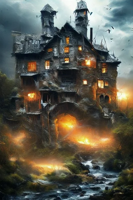 RAW photo, (masterpiece:1.3), subsurface scattering, heavy shadow, (high quality:1.4), (intricate, high detail:1.2), professional photography, HDR, High Dynamic Range, realistic, ultra realistic, photorealistic, high resolution, film photography, ambient lighting, atmospheric effects, <lora:detail_slider_v4:2>, OverallDetail, DarkFantasy,
creepy watermill surrounded by trees, birds of prey, cloudy sky, thunder storm, evilrealm, moon, no humans, outdoors, scenery, night, epiCPhoto