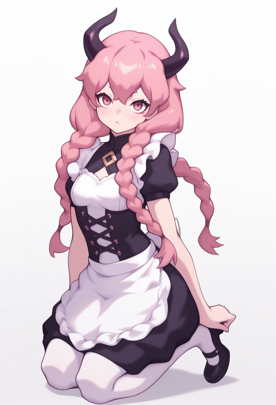 1girl, apron, braid, dress, enmaided, full body, horns, kneeling, long hair, looking at viewer, low twintails, , pantyhose, puffy short sleeves, puffy sleeves, shoes, short sleeves, simple background, solo, twin braids, twintails, waist apron, white apron, white background, white legwear, <lora:liyart sketches:1> liyart, SimplePositiveXLv2