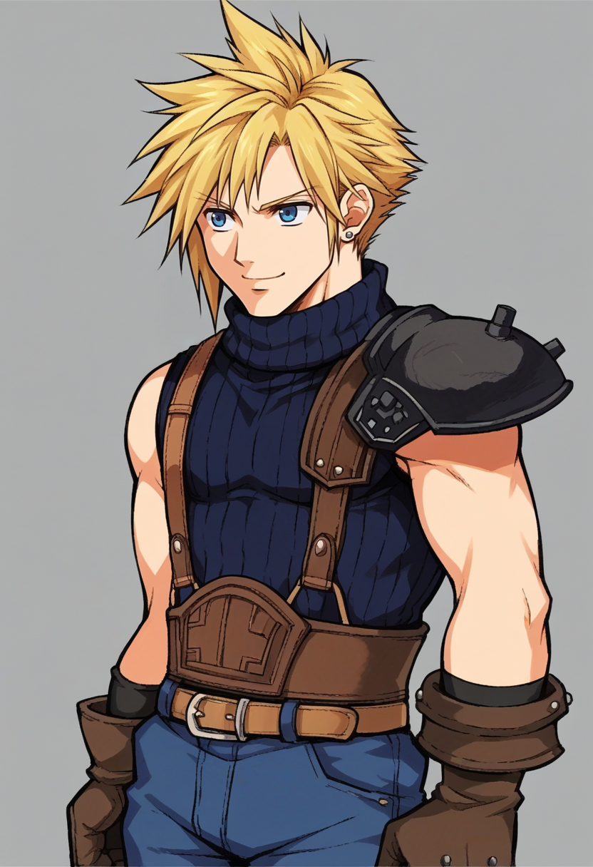 score_9, score_8_up, score_7_up, source_anime BREAK
<lora:zs_FE9PortraitsXL:1> fe9portraits, solo, cowboy shot, simple background, 1boy, smile, cocky
 <lora:cloudstrife-pdxl-nvwls-v1:1> defCloud, blonde hair, single earring, suspenders, shoulder armor, sleeveless turtleneck, belt, baggy pants, blue pants, gloves, boots,