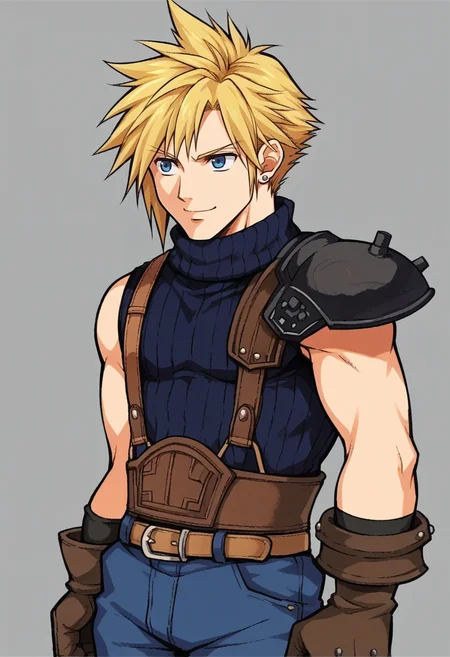 score_9, score_8_up, score_7_up, source_anime BREAK
<lora:zs_FE9PortraitsXL:1> fe9portraits, solo, cowboy shot, simple background, 1boy, smile, cocky
<lora:cloudstrife-pdxl-nvwls-v1:1> defCloud, blonde hair, single earring, suspenders, shoulder armor, sleeveless turtleneck, belt, baggy pants, blue pants, gloves, boots,