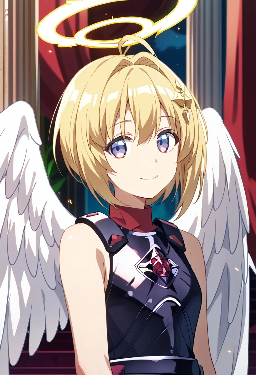 score_9,score_8_up,score_7_up,source_anime, Kaede Honjou (Loving Sacrifice),1girl,solo,looking at viewer,smile,closed mouth,bare shoulders,purple eyes,upper body,ahoge,wings,sleeveless,halo,tiara,feathered wings,angel wings,white wings,angel,pillar,