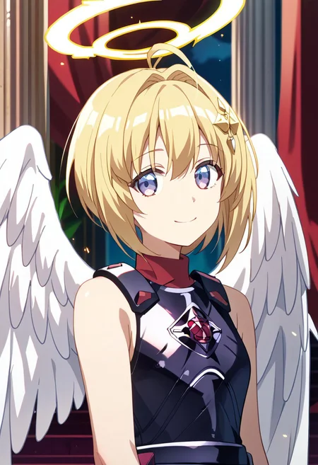 score_9,score_8_up,score_7_up,source_anime, Kaede Honjou (Loving Sacrifice),1girl,solo,looking at viewer,smile,closed mouth,bare shoulders,purple eyes,upper body,ahoge,wings,sleeveless,halo,tiara,feathered wings,angel wings,white wings,angel,pillar,