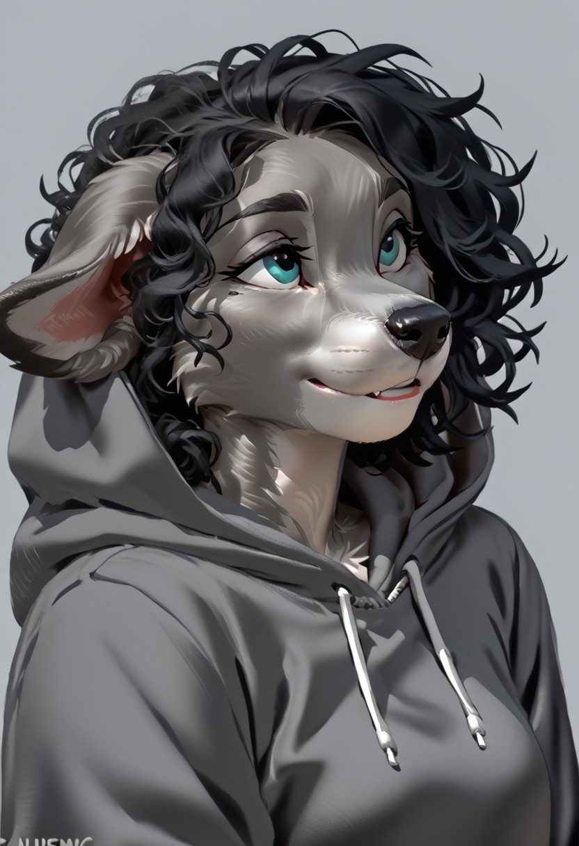 score_9, score_8_up, score_7_up, (by kittydee:1.5), (by jailbird:1.5), (by zummeng:1.5), masterpiece, best quality, (solo), 
(Furry Art: Anthro: Greyhound:1.5), expressive eyes, feminine eyes, perfect face, feminine face, dog, canine, slim build, long snout, floppy ears, small breasts, perfect face, (grey fur:1.5), teal eyes, black hair, (curly hair), (hoodie)
