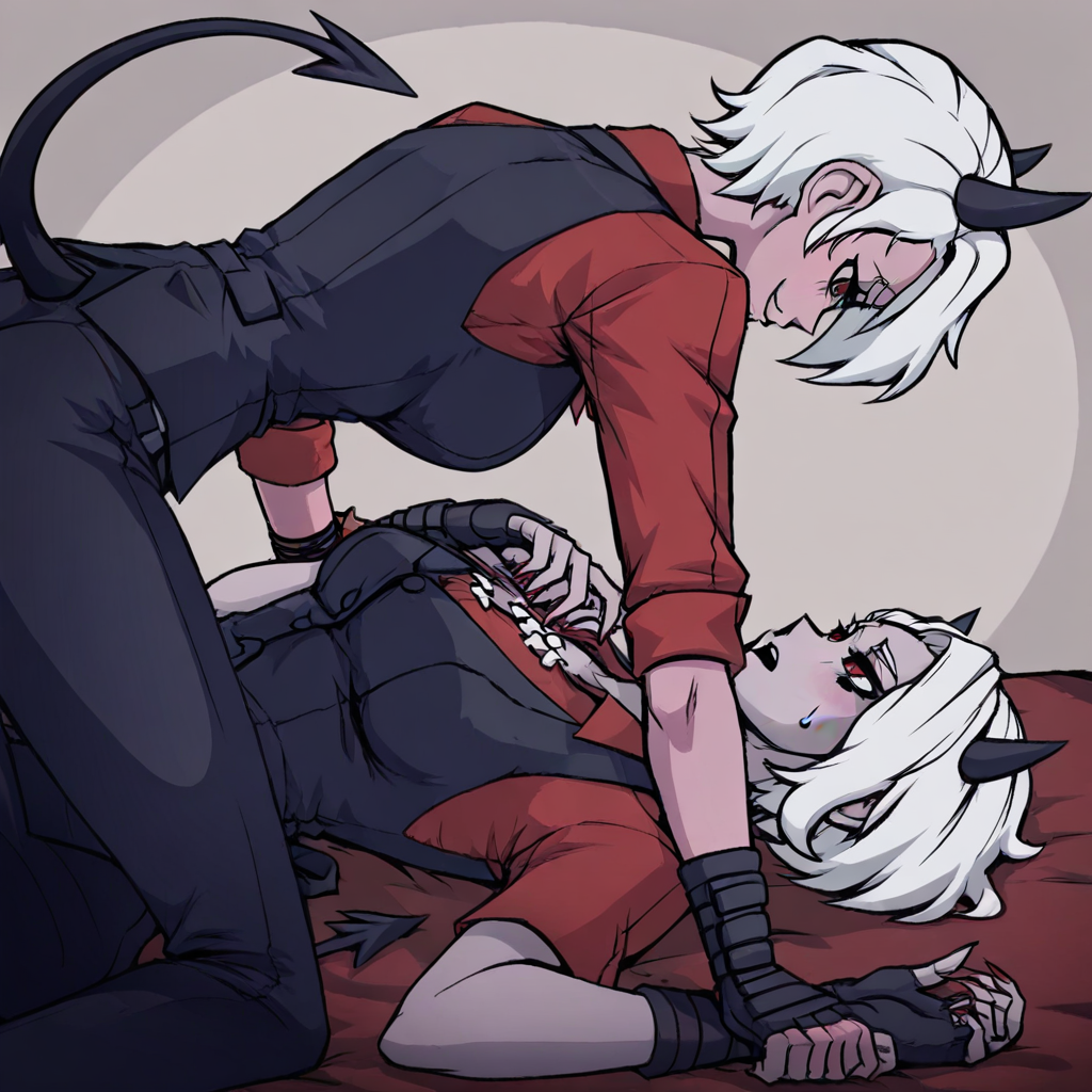 masterpiece, best quality, newest, absurdres, highres, WHLIEV1.0, holding another's wrist, looking at another, holding, 2girls, multiple girls, zdrada (helltaker), demon girl, short hair, white hair, horns, demon tail, malina (helltaker), demon girl, short hair, white hair, horns, demon tail,