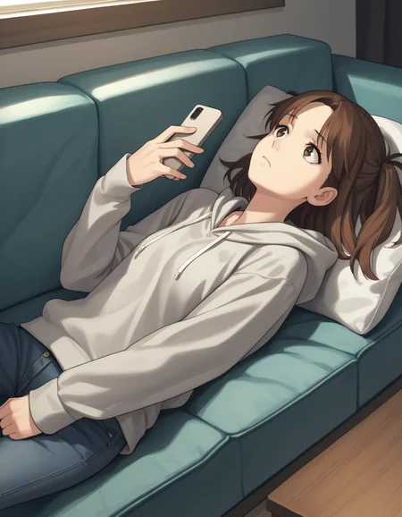 score_9,  score_8_up, score_7_up
source_anime <lora:sacchin-ponyxl-000025:1> sacchin, brown eyes, brown hair, parted bangs, sidelocks, two side up, hoodie, jeans,
1girl, on couch, on back, sleepy, looking up, looking at phone, from side, living room