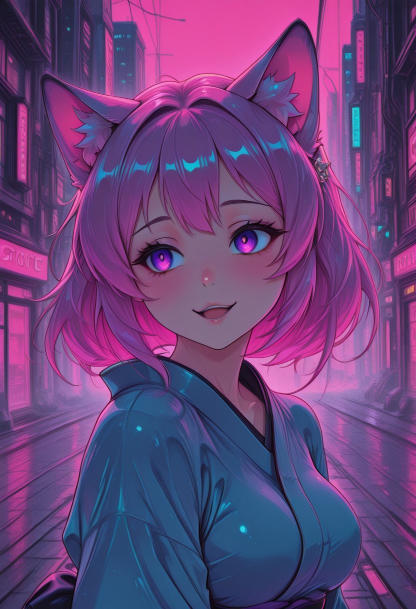 (masterpiece, best quality:1.3), pink hair, purple eyes, cat_ears, yandere, gentle smile, medium breasts, loving_gaze, BehindCatgirl, CatGirlStyle, blue kimono, city, CivChan, pinkneoncybercore, cute, highly detailed background, sfw, day, sun