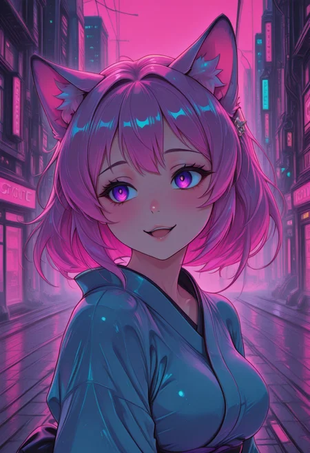 (masterpiece, best quality:1.3), pink hair, purple eyes, cat_ears, yandere, gentle smile, medium breasts, loving_gaze, BehindCatgirl, CatGirlStyle, blue kimono, city, CivChan, pinkneoncybercore, cute, highly detailed background, sfw, day, sun