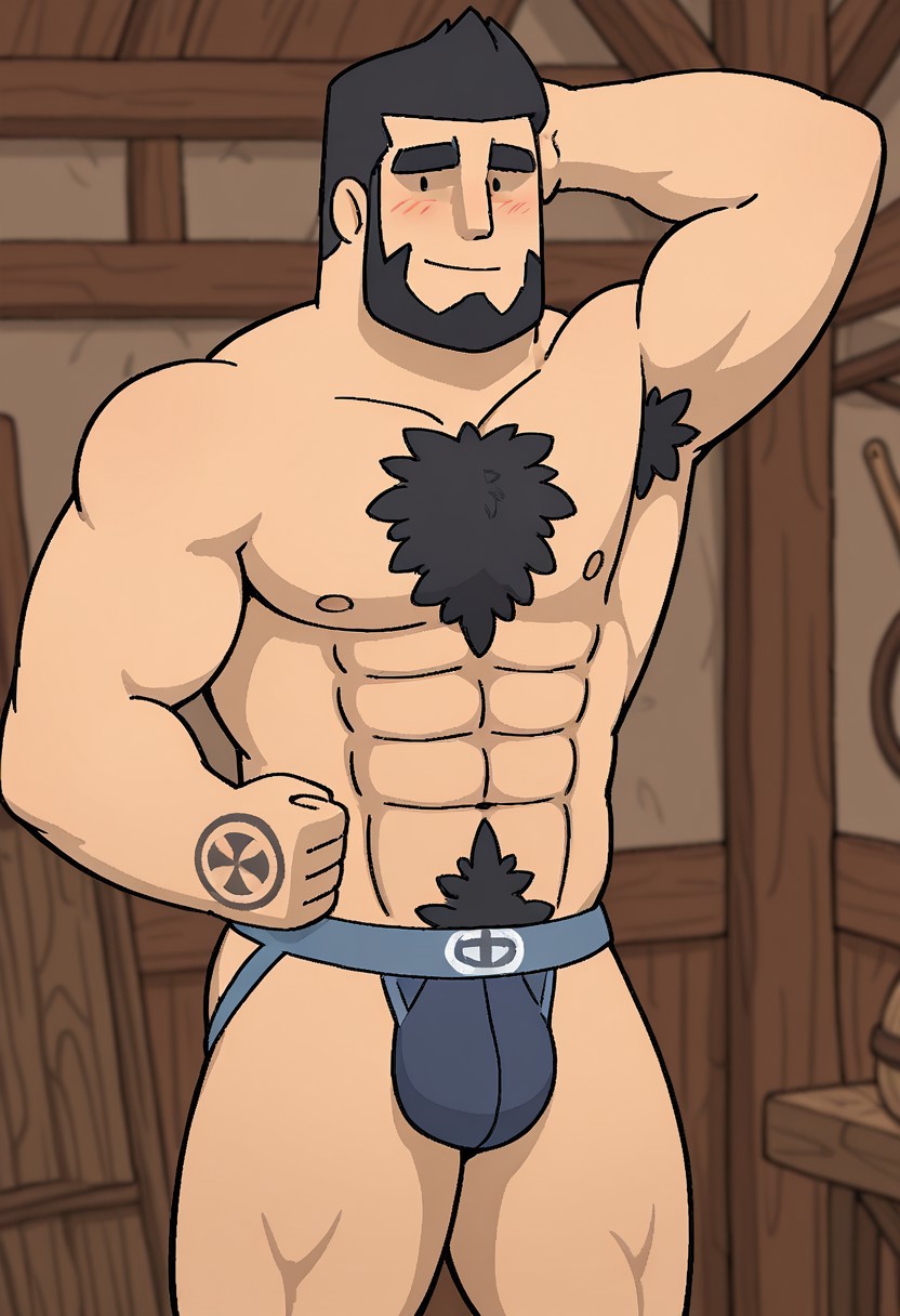 detailed background, detailed background, masterpiece, perfect quality, best quality, detailed, newest, very aesthetic, RafaeloRMA, facial hair, short hair, bara, solo, beard, smile, black hair, 1boy, male focus, wood workshop background, pectorals, abs, muscular, smile, chest hair, topless male, blue jockstrap,, black dot eyes, blush, sad eyebrows, looking at viewer, arm behind head