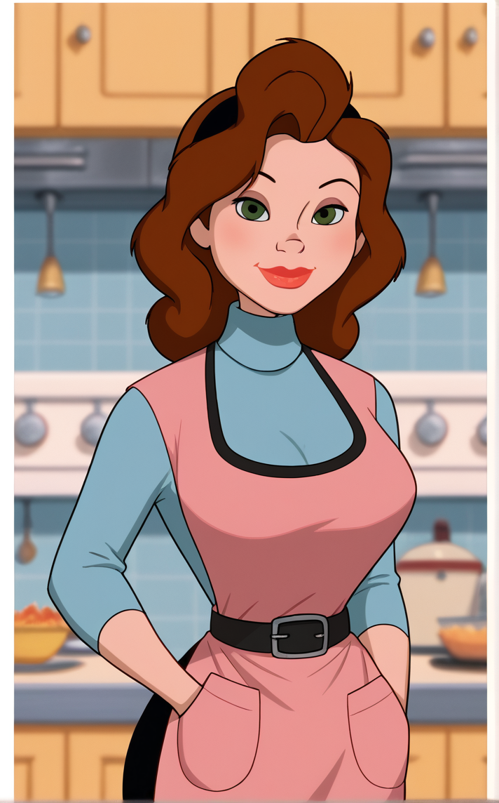 score_9, score_8_up, score_7_up, absurdres, portrait, head tilt, straight-on, white border, bokeh, solo, looking at viewer, <lora:PONYXL_IronGiant_AnnieHughes_ownwaifu:1>, BREAK BlueShirt_AnnieHughes_ownwaifu, 1girl, apron, black belt, black hairband, black pants, blue shirt, blue sweater, breasts, brown apron, brown hair, curly hair, eyeshadow, green eyes, large breasts, leggings, lips, lipstick, long hair, long sleeves, makeup, mature female, nose, pink apron, pocket, red lips, turtleneck,  turtleneck sweater,<lora:add-detail-xl:0.15>,