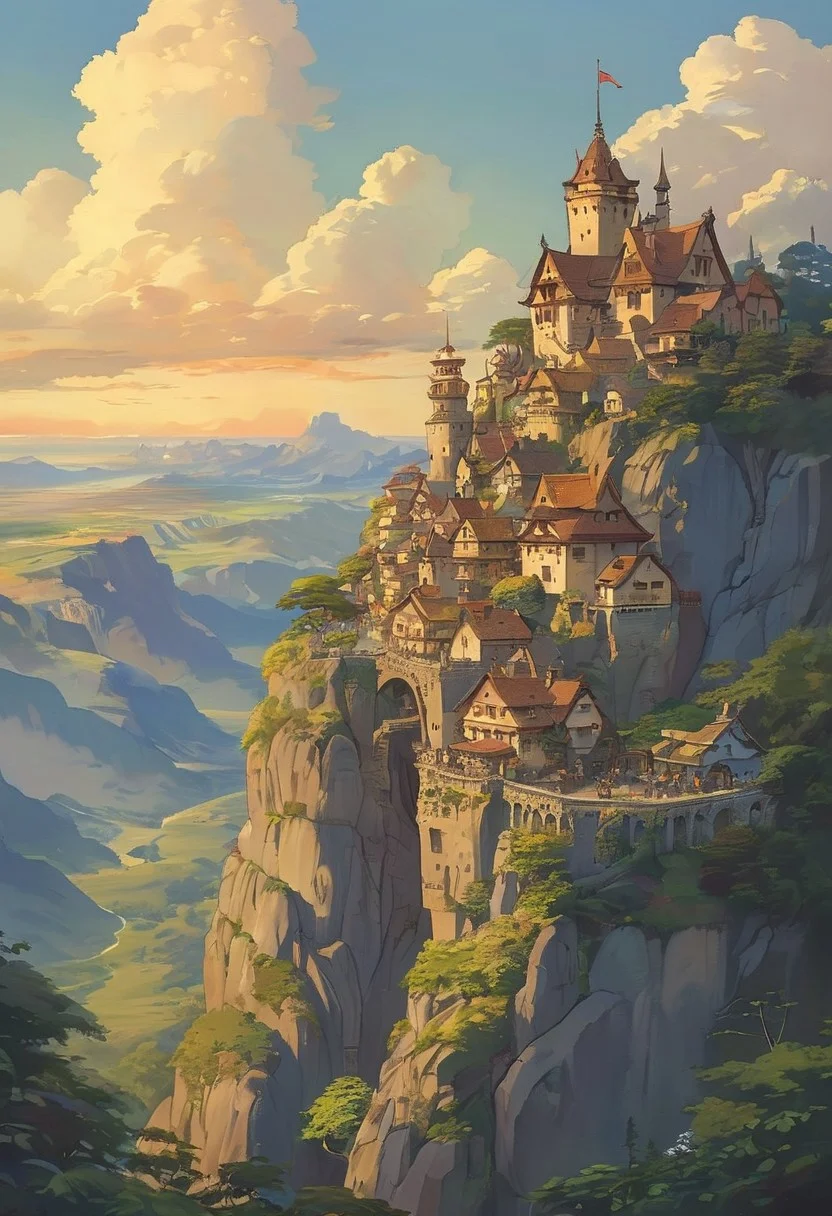 (studio ghibli drawing), (studio ghibli painting),best quality, masterpiece, extremely detailed, professional art, professional painting, an extremely delicate and beautiful, dynamic, great lighting, perfect shading, professional shading, depth of field, side soft light, elegant, gorgeous, highly detailed, full shot, uncropped, pure genious, absolutely perfect, highly detailed, breathtaking, a giant and sheer cliff face with a town built into it, lots of different dwellings, fantasy, sunset