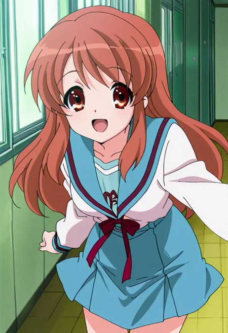 anime coloring, anime screencap, Mikuru Asahina, 1girl, solo, asahina mikuru, kita high school uniform, winter uniform, solo, school uniform, blue sailor collar, sailor collar, serafuku, blue skirt, skirt, long sleeves, looking at the viewer, mouth open, smile, :D
