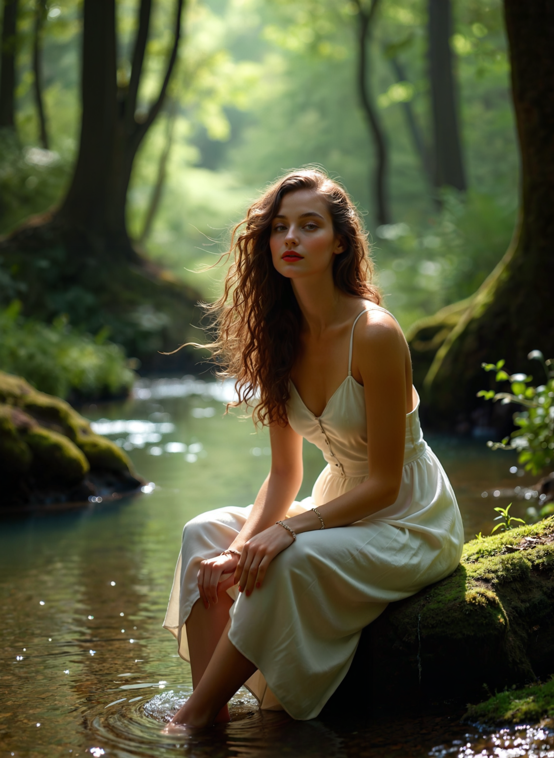 This photograph captures a young woman sitting on a rock in a forest. She is wearing a white dress and has long, wavy hair that is flowing in the wind. The woman is looking off into the distance with a serious expression on her face. The background is filled with trees and greenery, and there is a small stream running through the scene. The lighting is soft and natural, creating a peaceful and serene atmosphere. The overall mood of the image is dreamy and ethereal. The overall mood of the image is dreamy and ethereal. <lora:add-detail-xl:.5>  <lora:Flux-style-xl-lora:.5>