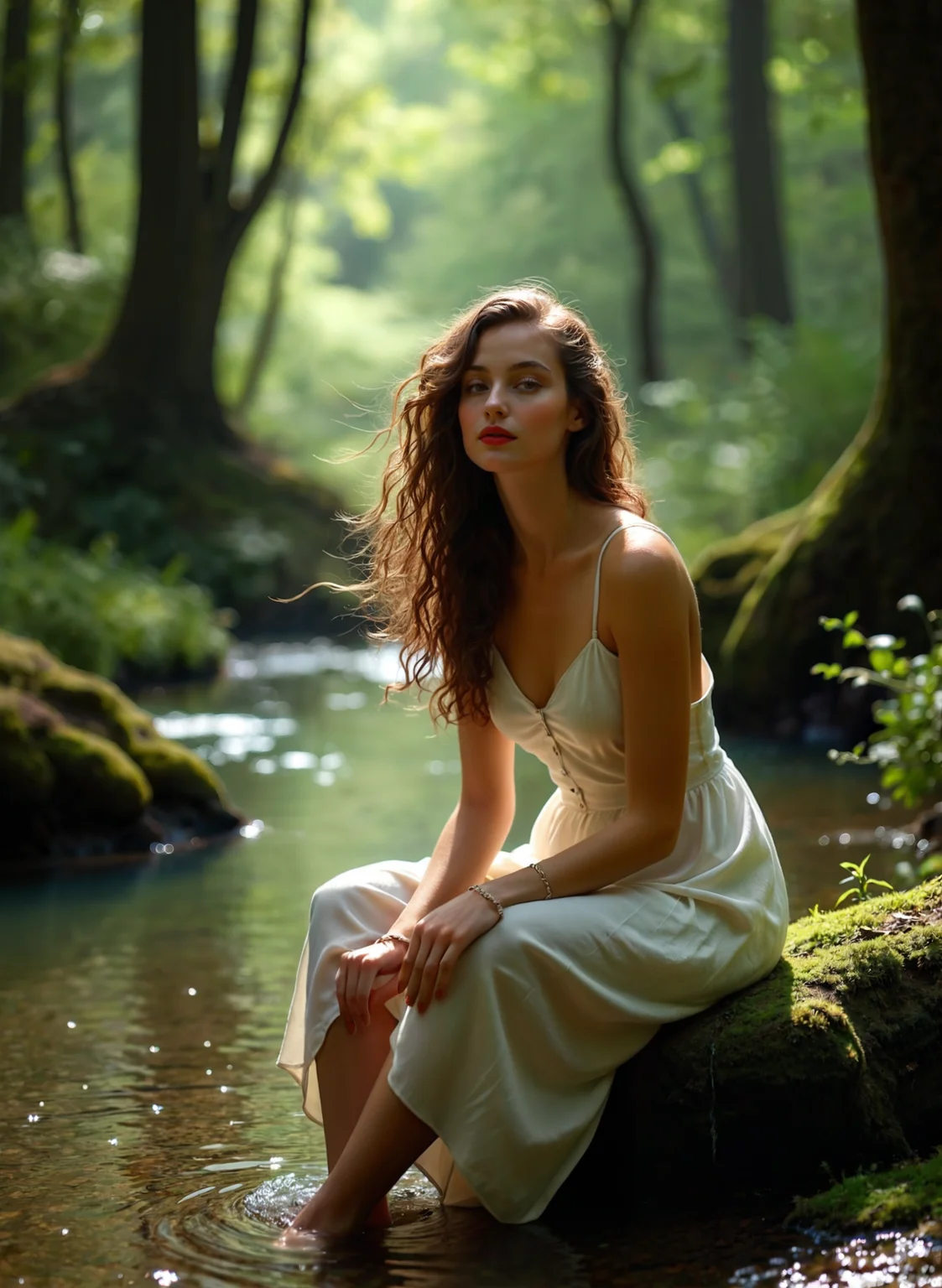 This photograph captures a young woman sitting on a rock in a forest. She is wearing a white dress and has long, wavy hair that is flowing in the wind. The woman is looking off into the distance with a serious expression on her face. The background is filled with trees and greenery, and there is a small stream running through the scene. The lighting is soft and natural, creating a peaceful and serene atmosphere. The overall mood of the image is dreamy and ethereal. The overall mood of the image is dreamy and ethereal. <lora:add-detail-xl:.5> <lora:Flux-style-xl-lora:.5>