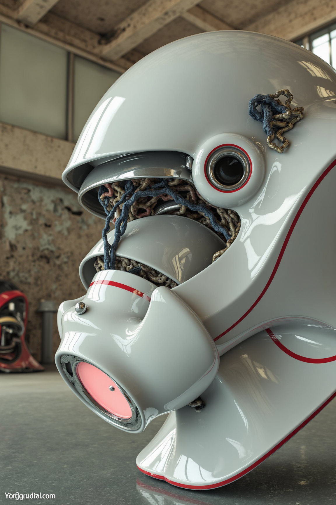 YFG-Durer, A 3D Rendered abstract of, sharp photo of a close-up of a futuristic helmet that appears to be in a workshop or industrial setting. The helmet is white with a red stripe running along the top and bottom of the helmet. It has a large circular opening on the right side, which is likely the front part of the head. The opening has a small hole in the center, which could be a part of a larger machine or equipment. The front part is covered in wires and cables, and there is a small amount of debris scattered around it. The background is a dilapidated room with peeling paint and broken windows. The overall mood of the image is one of decay and neglect.