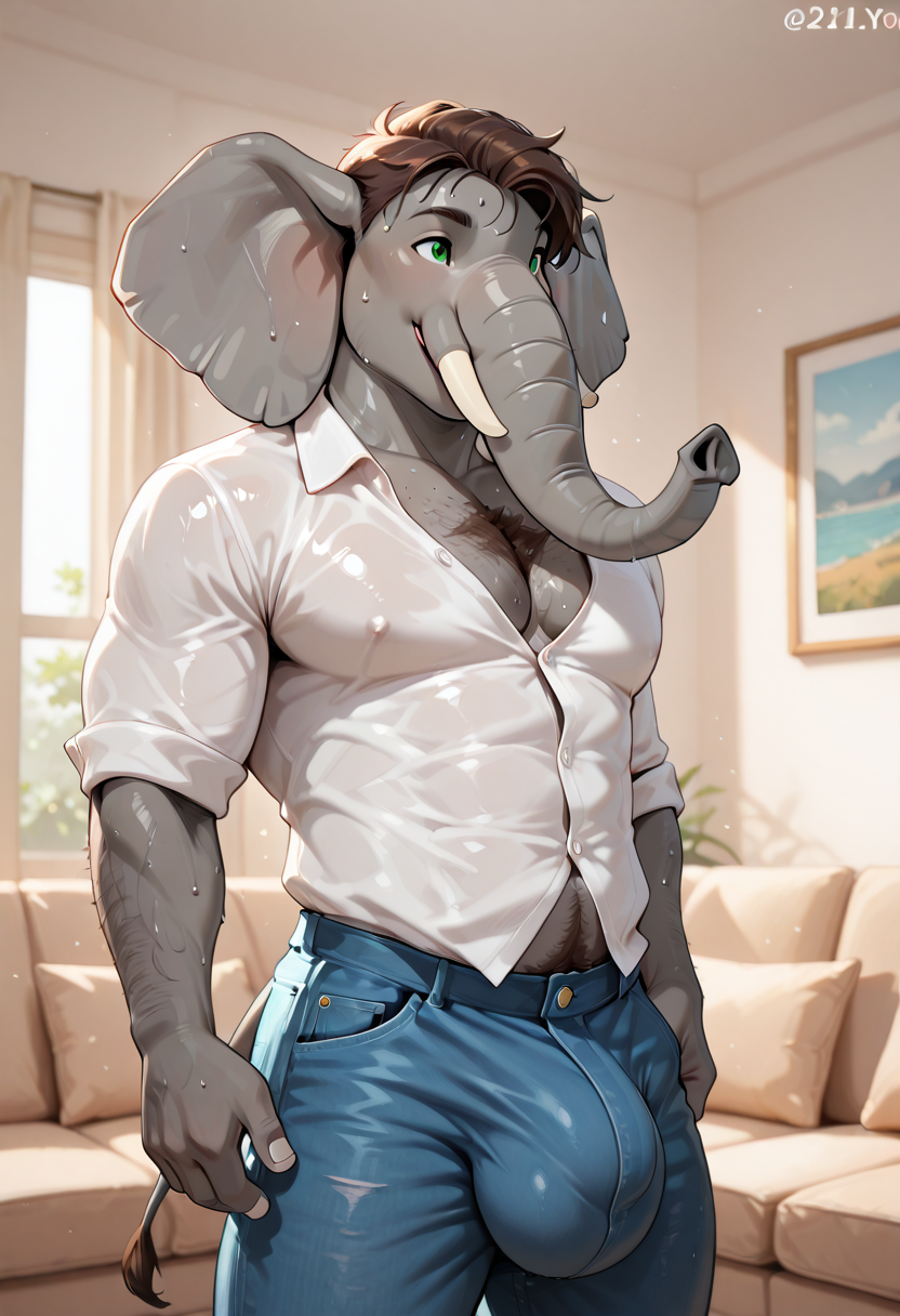 (masterpiece, best quality:1.2), amazing quality, very aesthetic, 32k, absurdres, extremely beautiful, newest, scenery, extra details, (sharp detailed:1.2),
solo, furry,
 (eleptor:1.2), (male anthro elephant:1.2), green eyes, tail, long tusks, elephant tusks, trunk, short brown hair,
handsome, muscular, abs, body hair,
((21yo)),
chest hair, bulge,
living room setting, walls and windows and sofa in the background, sweating, sweaty skin, large bulge,  wearing jeans, wearing button down shirt, 
 <lora:Eleptors_Furry_OC_Loras_Eleptor:0.8>