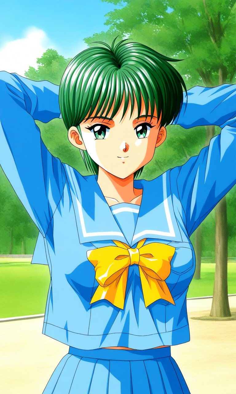 general,highres, ultra-detailed,very aesthetic,best quality ,best hands, BREAK <lora:Kiyokawa_Nozomi_Tokimeki_Memorial_IS:1>
Kiyokawa_Nozomi(Tokimeki_Memorial), 1girl, solo, green hair, short hair, green eyes, bangs, medium breasts,
blue school uniform, blue skirt,  serafuku, pleated skirt, smile, long sleeves, arms behind head, 
looking at viewer, yellow bow, arms up,  blue sailor collar, blue sleeve,
standing, outdoor, day, sky, tree, light smile,