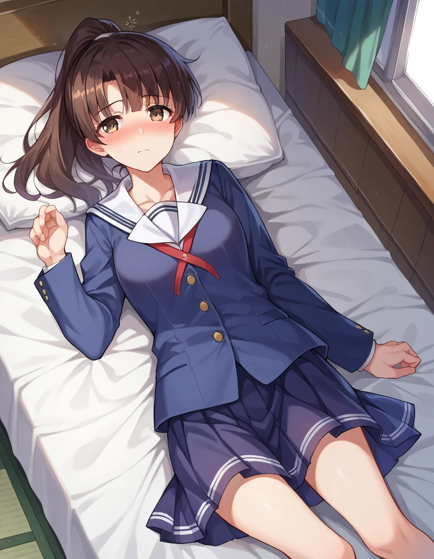 score_9, score_8_up, score_7_up, source_anime,
megumikatou, <lora:megumi-katou-ponyxl-lora-nochekaiser:1>
megumi katou, brown hair, brown eyes,
long hair, ponytail, miniskirt, school uniform, skirt, sailor uniform, serafuku,
indoors, bed, bed room, on side, blush, drunk,
looking at viewer, dutch angle, cowboy shot,