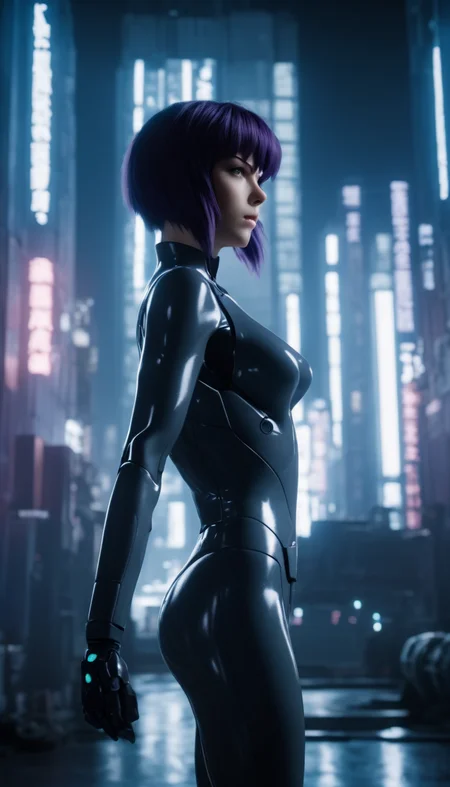 cinematic photo Cinematic scene, Kusanagi Motoko, Ghost in the Shell, detailed background, masterpiece, best quality, high quality, highres, absurdres <lora:kusanagi_motoko:1> . 35mm photograph, film, bokeh, professional, 4k, highly detailed
