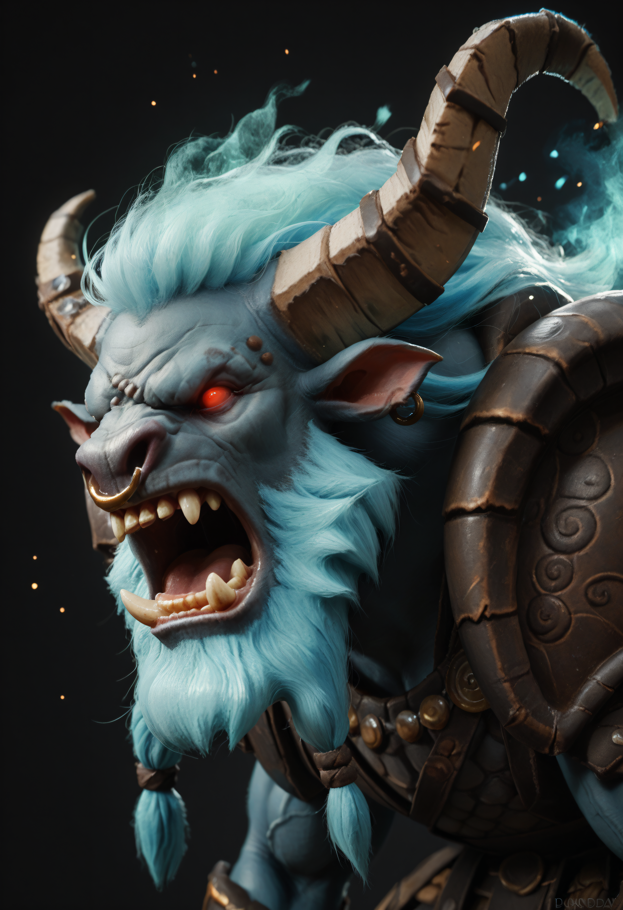 score_9, score_8_up, score_7_up, score_6_up, score_5_up, score_4_up, BREAK,  1boy, spiritbreakerpdxl, male, minotaur, beard, nose ring, long hair, red eyes, no pupils, fangs, shoulder armor, armor, solo, simple background, muscular, from side, open mouth, hunched over, kilt, face focus, screaming, angry, dark background, light particles, fiery hair, from side, <lora:SpiritBreaker-000005:0.7> <lora:Bing-based_FurScale_Enhancer:0.65>