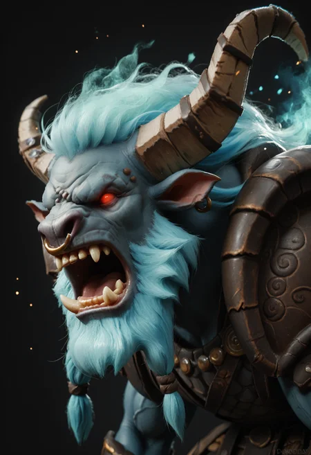score_9, score_8_up, score_7_up, score_6_up, score_5_up, score_4_up, BREAK, 1boy, spiritbreakerpdxl, male, minotaur, beard, nose ring, long hair, red eyes, no pupils, fangs, shoulder armor, armor, solo, simple background, muscular, from side, open mouth, hunched over, kilt, face focus, screaming, angry, dark background, light particles, fiery hair, from side, <lora:SpiritBreaker-000005:0.7> <lora:Bing-based_FurScale_Enhancer:0.65>