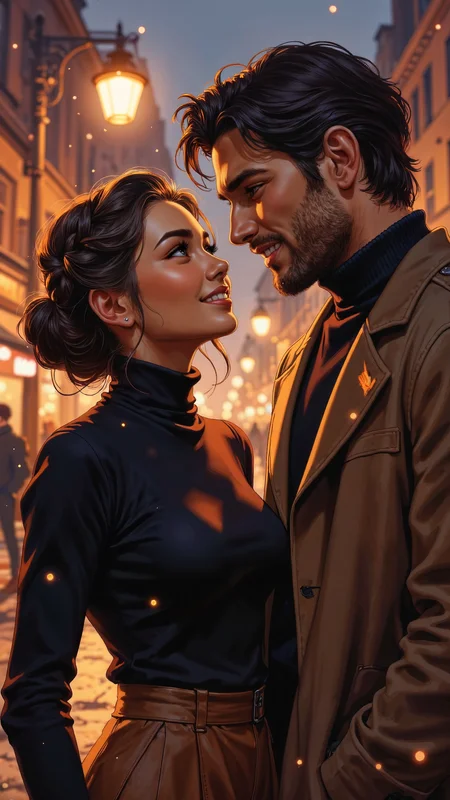 High-resolution anime-style illustration with impressionistic influences, a young couple standing close under a softly glowing streetlamp on a quiet evening. The woman, with long, wavy chestnut hair styled into an elegant braided updo, gazes up at her partner with warm, adoring eyes, a gentle smile on her lips. She wears a fitted turtleneck sweater and a high-waisted wool skirt, the soft fabric hugging her figure. The man, tall and broad-shouldered, has strong, defined features, a sharp jawline, and a well-groomed beard. He wears a tailored wool coat over a dark sweater, his steady hand resting against her cheek as he leans in, eyes filled with quiet intensity. The blurred city lights behind them merge into soft painterly brushstrokes, a warm glow surrounding the moment, creating an intimate, dreamlike atmosphere <lora:oilpaintzver5:0.8> <lora:ILLUSTRATION_(FLUX)_-_V3.1:0.4> <lora:Anime_v1.3:0.6>