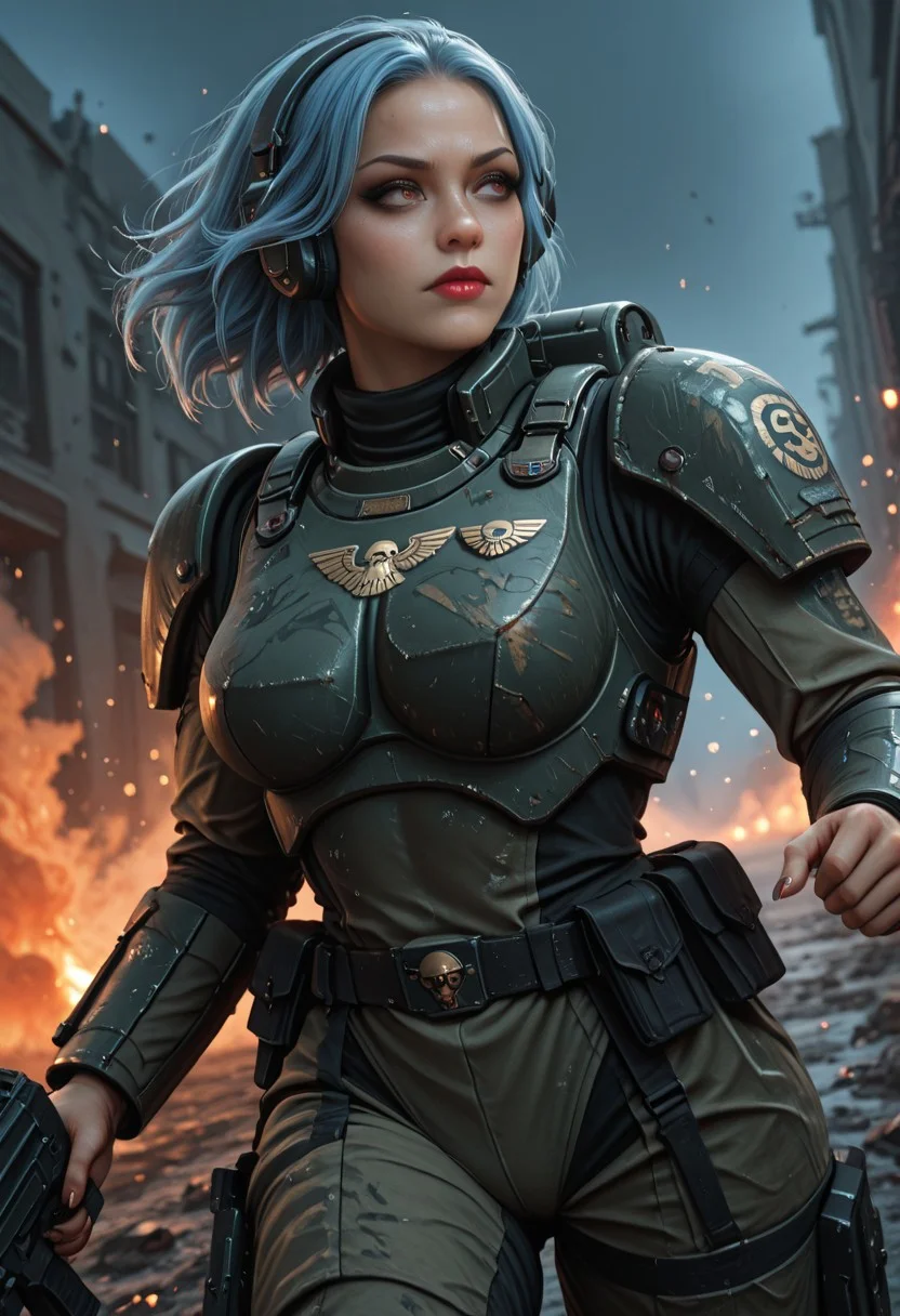 (Ultra-realistic, masterpiece, best quality, high-res, high detailed skin, finely detailed face, stunning artwork, very aesthetic, shallow depth of field, bokeh, cinematic lighting, film grain, motion blur:1.4, Dutch angle, vignette, foreshortening, cowboy shot from below, Cyberpunk, )
(1girl, Rem, short light blue hair, anime style, studio anime, source_ecchi, close-up, gun fighting stance, lascivious yet powerful expression, peaceful and tranquil aura within chaos)
(Petite body:1.3, large breasts, puffy glossy red lips, smoky eyes, mascara, makeup, sharp fingernails, blue forehead jewel, eyelashes)
(Wearing heavy white sci-fi combat medic armor, Astra Militarum, gun, headphone, eagle symbol, text "Astra Militarum", cinematic film still, battlefield setting with explosions, tracer shots, running through fire, epic scale)
(Futuristic dystopia, sci-fi tech, space marine aesthetic:1.4, Warhammer 40000-inspired, combat, city ruin battlefield, chaos vs order theme)
(In the style of Michael Bay, Zack Snyder, Christopher Nolan — high-budget Hollywood feel, epic orange & teal tones, moody atmosphere, grainy textures)