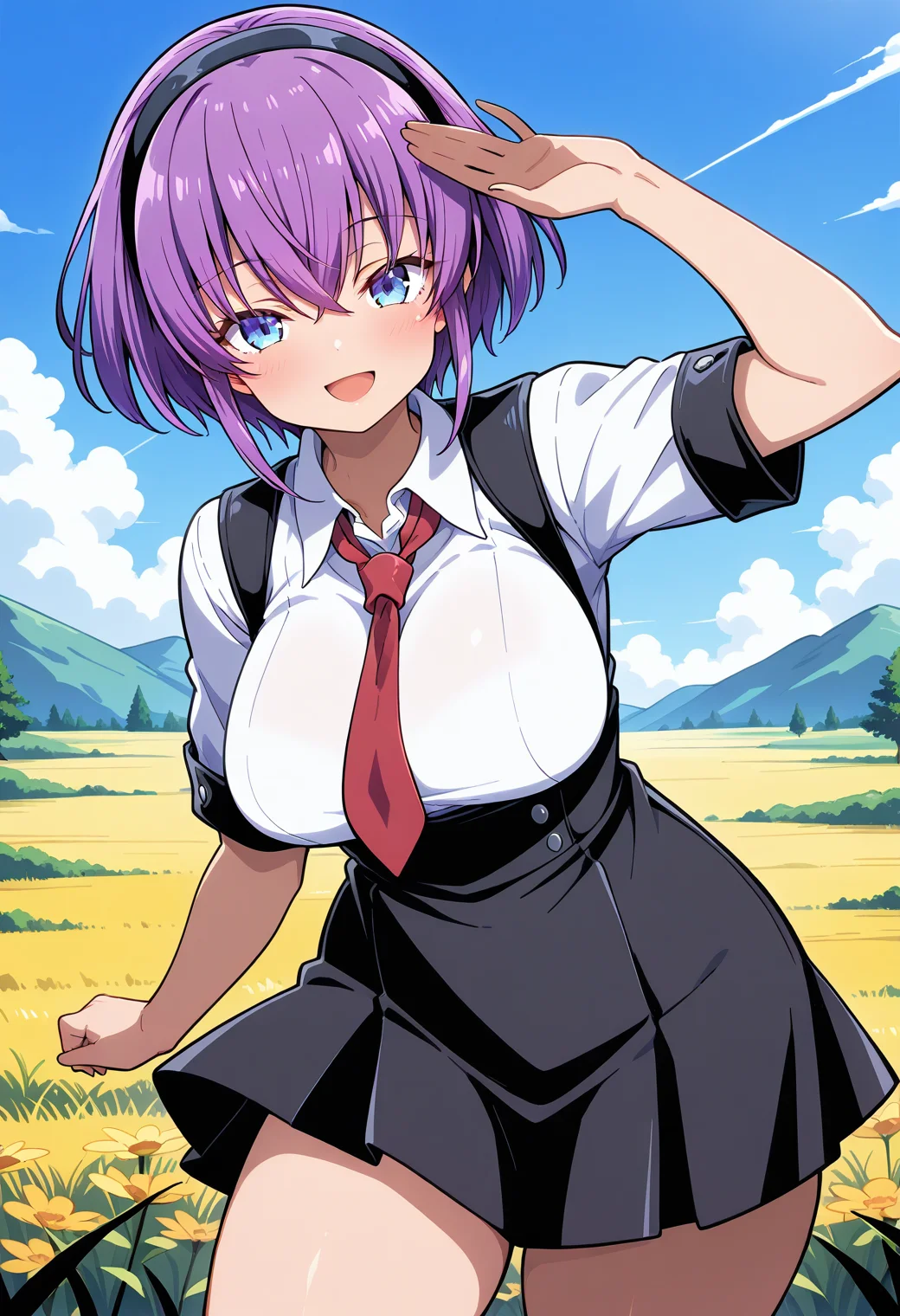 mizuishi_rikana, blue eyes, purple hair, short hair, hairband, red necktie, school uniform, collared shirt, suspenders, white shirt, high-waist skirt, suspender skirt, <lora:Abaddon_mizuishi_rikana_illustrious_ver1:0.8>
smile, open mouth,, masterpiece, best quality, general,, 1girl, solo, (field:1.2), (blue sky:1.2), looking at viewer,, (cowboy shot, dynamic pose:1.4),