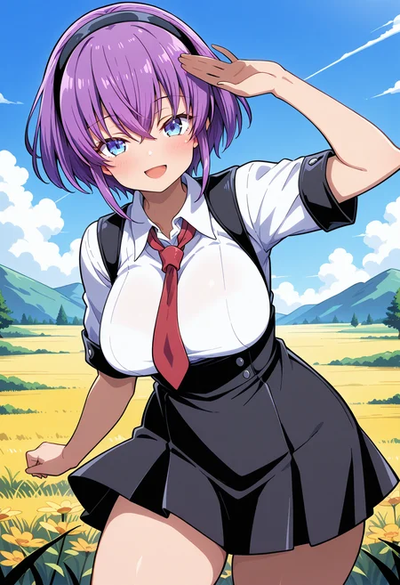 mizuishi_rikana, blue eyes, purple hair, short hair, hairband, red necktie, school uniform, collared shirt, suspenders, white shirt, high-waist skirt, suspender skirt, <lora:Abaddon_mizuishi_rikana_illustrious_ver1:0.8>
smile, open mouth,, masterpiece, best quality, general,, 1girl, solo, (field:1.2), (blue sky:1.2), looking at viewer,, (cowboy shot, dynamic pose:1.4),
