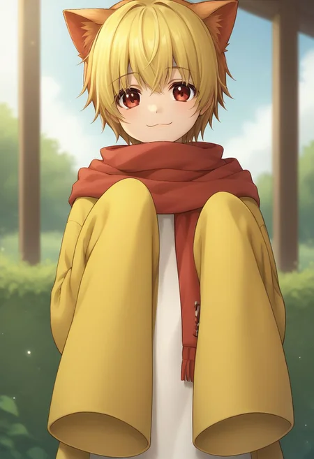 score_9, score_8_up, source_anime, highly detailed, cute,
sakuteru, solo, 1boy, male focus, blonde hair, animal ears, red eyes, scarf, :3, cat ears, smile, sleeves past wrists,
outdoor,