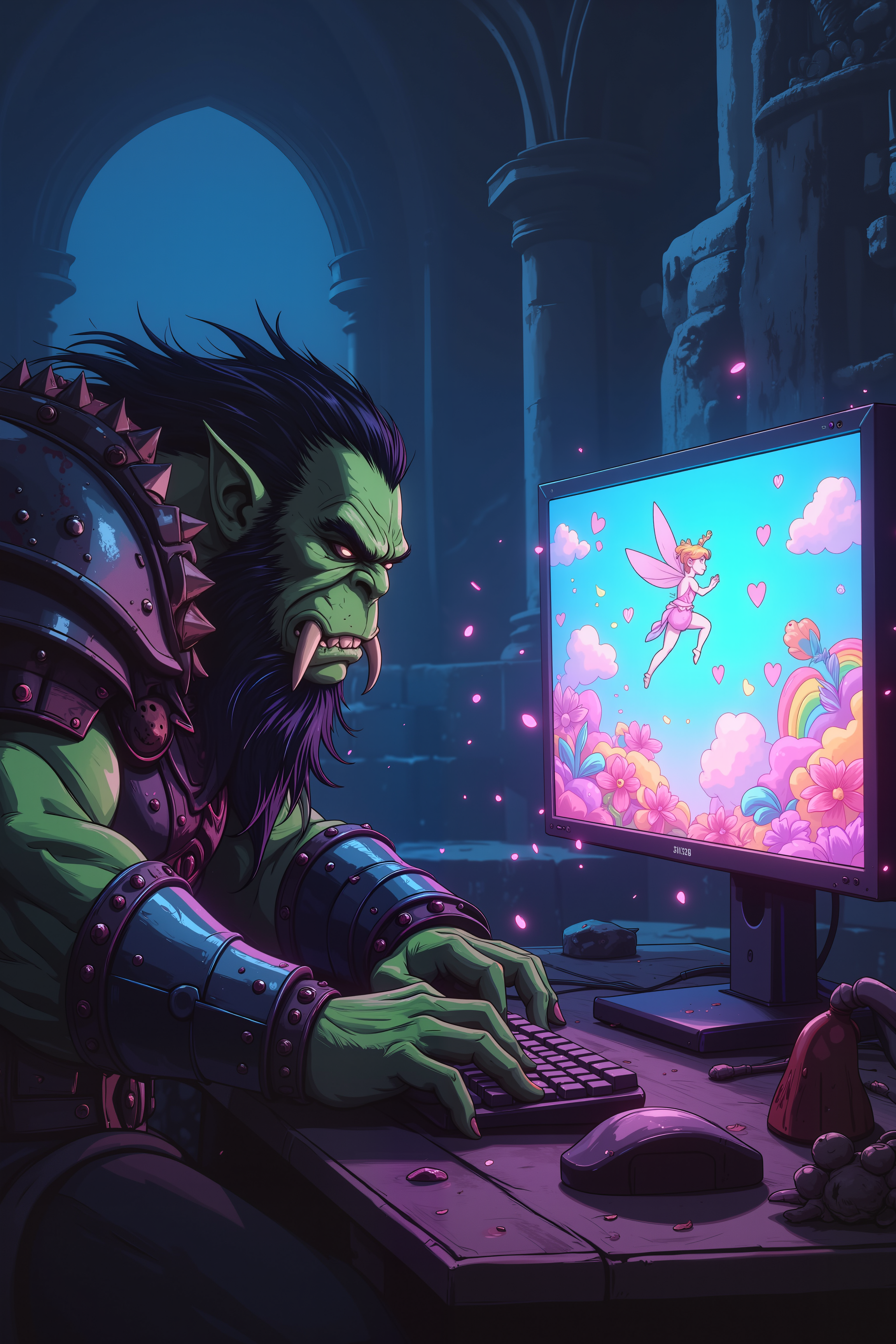 In the dim glow of a flickering torch, a hulking, battle-scarred orc sits hunched over a sleek gaming monitor, his massive green hands delicately tapping the keyboard. His thick, tusked face is twisted in deep concentration as he navigates a world filled with sparkling rainbows, fluffy unicorns, and heart-shaped explosions. The gameâs pastel colors reflect off his crude, spiked armor, contrasting sharply with the bloodstained battle-axe resting beside him. Behind him, a towering stone throne looms, draped in the furs of defeated beasts, yet his full attention remains on the screen, where a cheerful fairy character flutters through a candy-colored wonderland. The orcâs muscular fingers twitch, hesitating before choosing the "Hug the Bunny" option instead of "Crush the Goblin." A deep, guttural growl rumbles from his chest as he wins a round, pink confetti bursting across the screen in celebration. Around him, the sound of distant war drums echoes through the cavern, yet in this moment, his world is nothing but joy, rainbows, and digital cuddles. , detailed background  Fantastic lighting. Detailed shadows.intricate details, vivid colors, hyper-detailed, ultra-sharp, , <lora:aesthetical-000003:0.15><lora:aidmaNSFWunlock-FLUX-PonyStyle-v0.1:0.15><lora:Flux-jijia:0.1><lora:GLSHS:0.6>