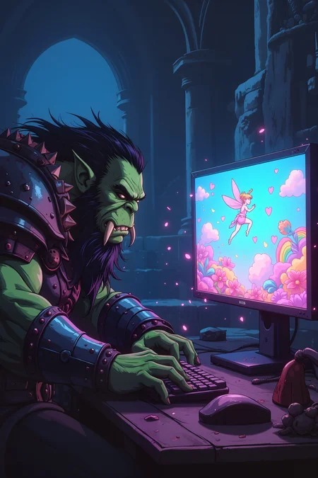 In the dim glow of a flickering torch, a hulking, battle-scarred orc sits hunched over a sleek gaming monitor, his massive green hands delicately tapping the keyboard. His thick, tusked face is twisted in deep concentration as he navigates a world filled with sparkling rainbows, fluffy unicorns, and heart-shaped explosions. The gameâs pastel colors reflect off his crude, spiked armor, contrasting sharply with the bloodstained battle-axe resting beside him. Behind him, a towering stone throne looms, draped in the furs of defeated beasts, yet his full attention remains on the screen, where a cheerful fairy character flutters through a candy-colored wonderland. The orcâs muscular fingers twitch, hesitating before choosing the "Hug the Bunny" option instead of "Crush the Goblin." A deep, guttural growl rumbles from his chest as he wins a round, pink confetti bursting across the screen in celebration. Around him, the sound of distant war drums echoes through the cavern, yet in this moment, his world is nothing but joy, rainbows, and digital cuddles. , detailed background Fantastic lighting. Detailed shadows.intricate details, vivid colors, hyper-detailed, ultra-sharp, , <lora:aesthetical-000003:0.15><lora:aidmaNSFWunlock-FLUX-PonyStyle-v0.1:0.15><lora:Flux-jijia:0.1><lora:GLSHS:0.6>