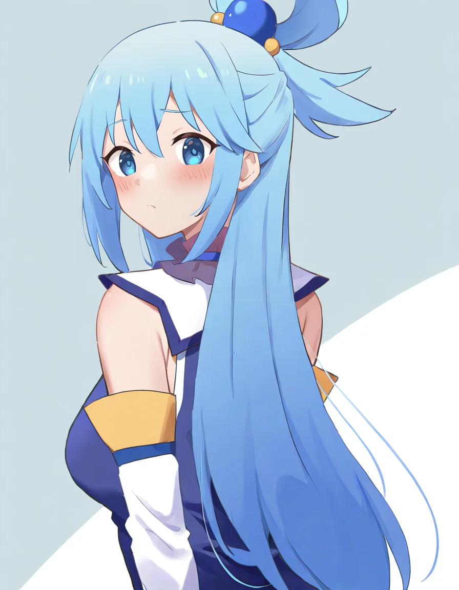 <lora:ruiruika>,aqua \(konosuba\),kono subarashii sekai ni shukufuku wo!,1girl,blue eyes,blue hair,blush,hair ornament,long hair,looking at viewer,looking back,simple background,solo,standing,, masterpiece, best quality, very aesthetic, absurdres,newest, incredibly absurdres,